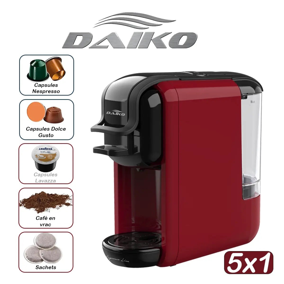DAIKO | Machine à café multicapsules 5 en 1 Rouge